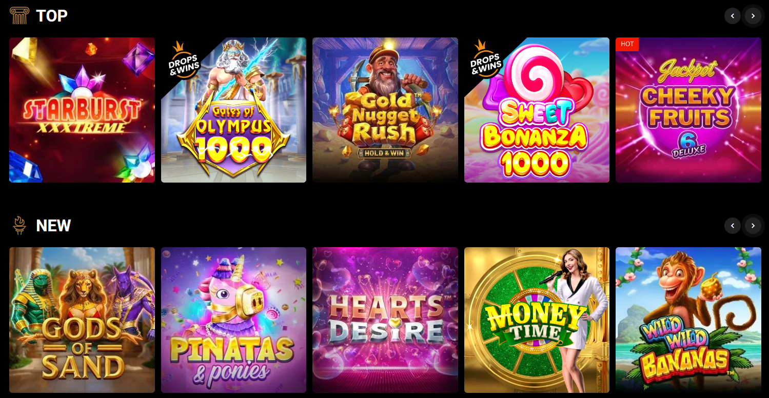 Interface des jeux Olympe Casino